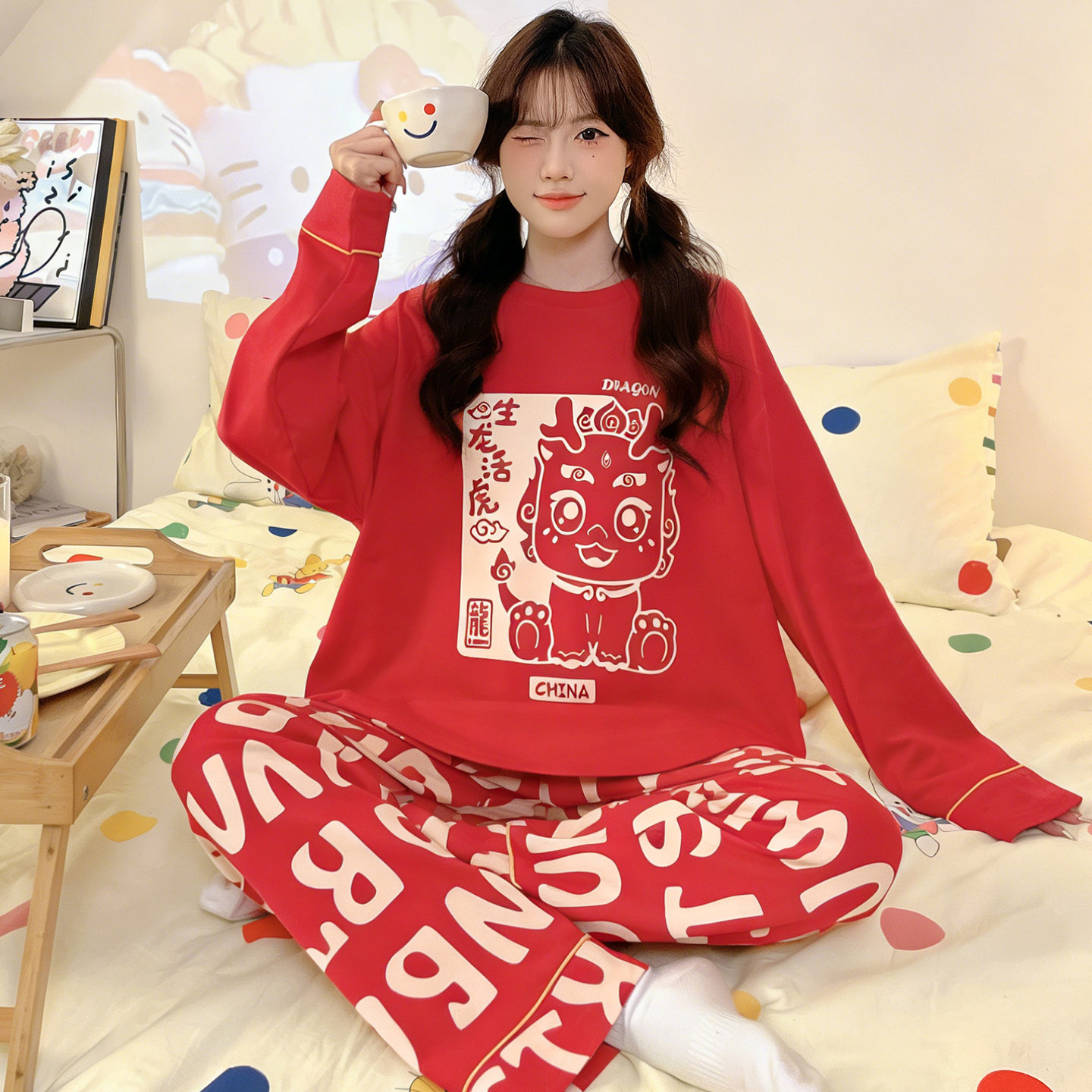 bejirog/北极绒少女休闲新春款纯棉圆领睡衣女士卡通家居服两件套