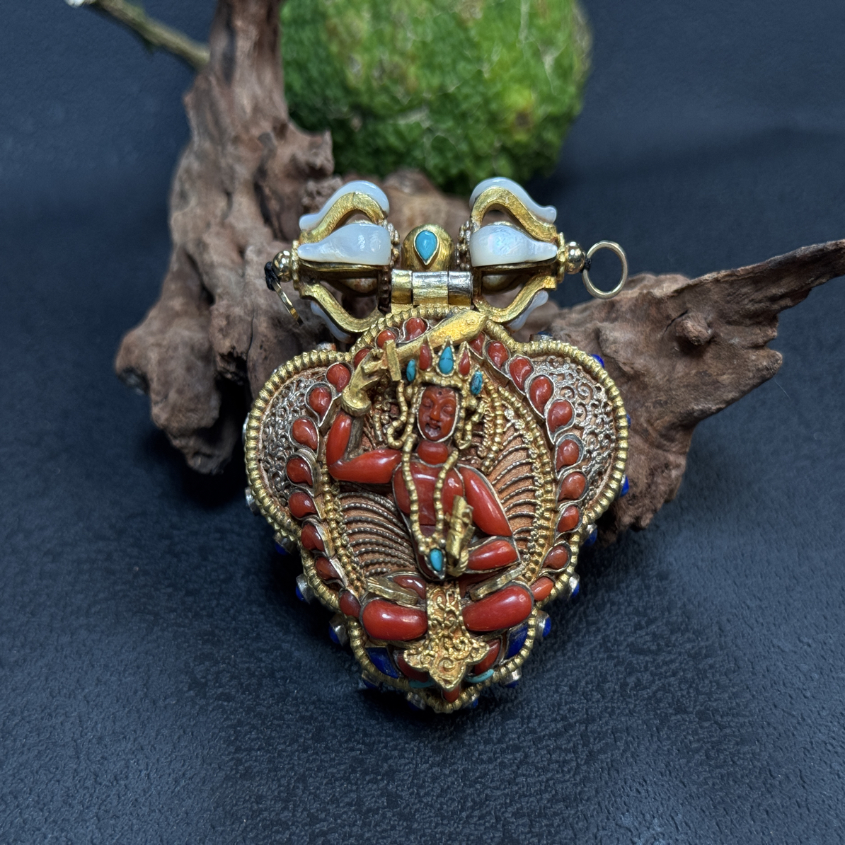 纯手工制作绘画观观文殊双身唐卡嘎乌盒吊坠双像花丝镶嵌