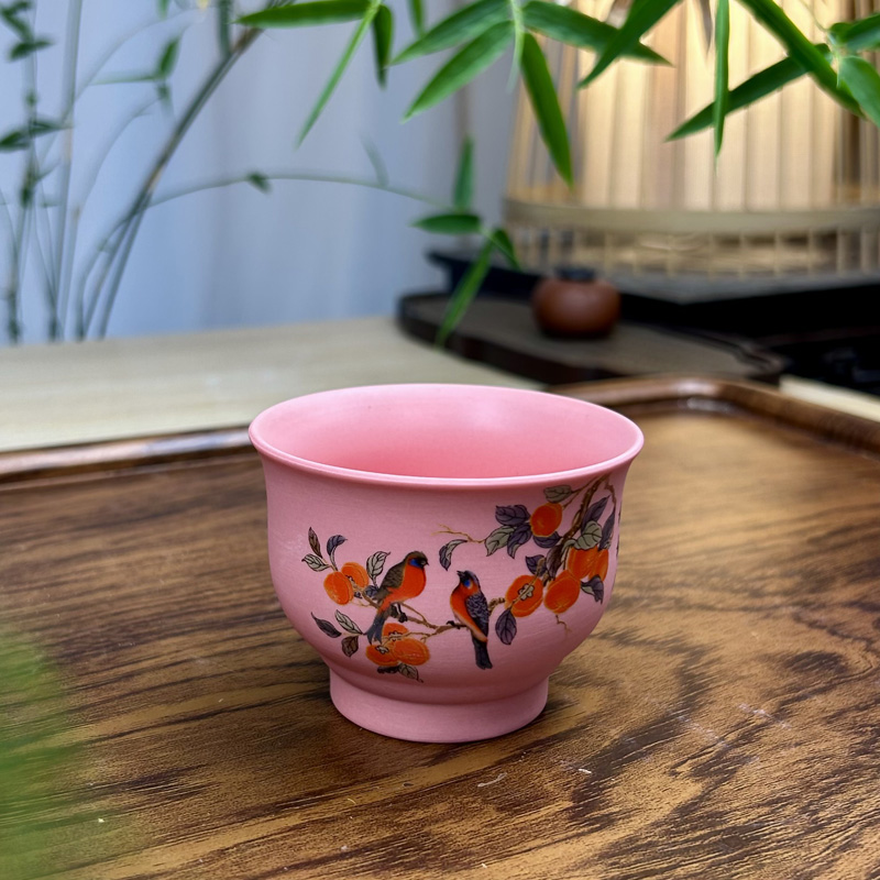紫砂粉泥柿柿如意个人杯珐琅彩品茗杯女性国风礼品大容量主人茶杯