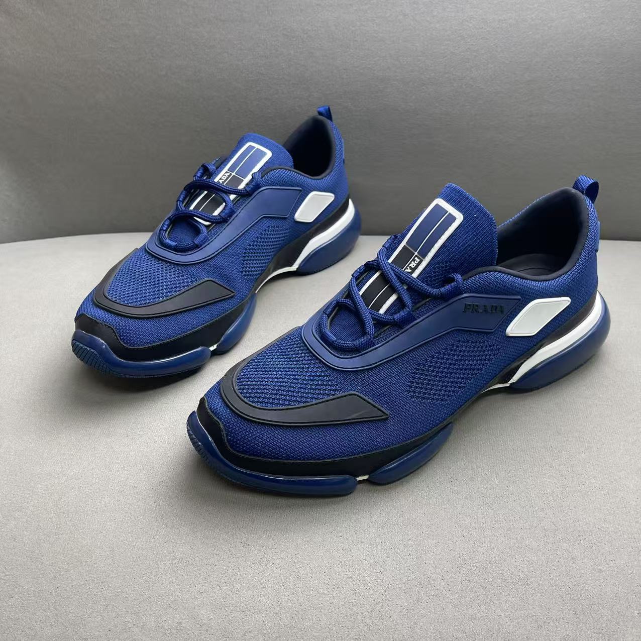 99新 Prada/普拉达 蓝色编织网面鞋舌logo时尚百搭运动鞋 42码