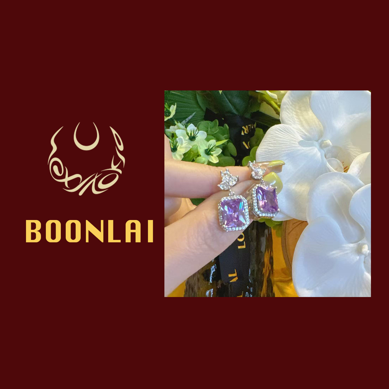 铜合金莫桑石耳饰 Boonlai 几何方形紫色镶嵌梦幻复古耳钉4144