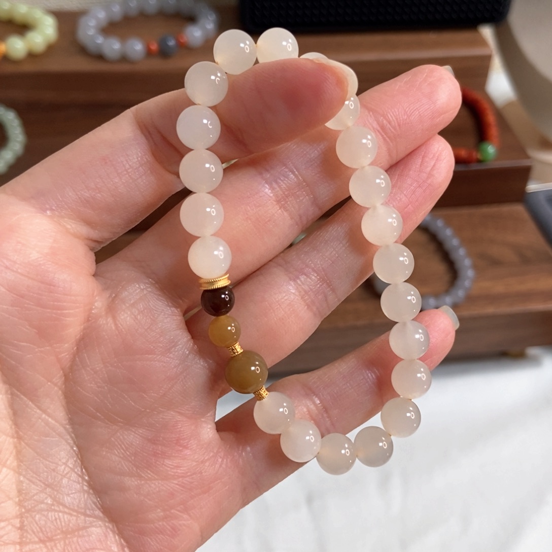 和田玉手链银S925镶嵌5**铁蜂蜜水8mm高冰底