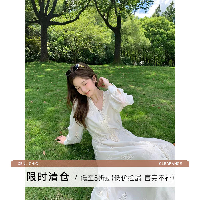 清仓陳文文【波西米亚】小个子V领长裙女长袖收腰连衣裙2L9928