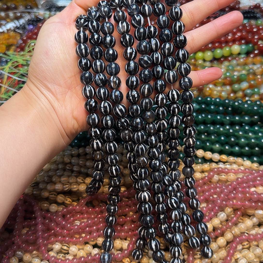 玛瑙/玉髓合金珠宝半成品10mm雕刻南瓜黑玛一条