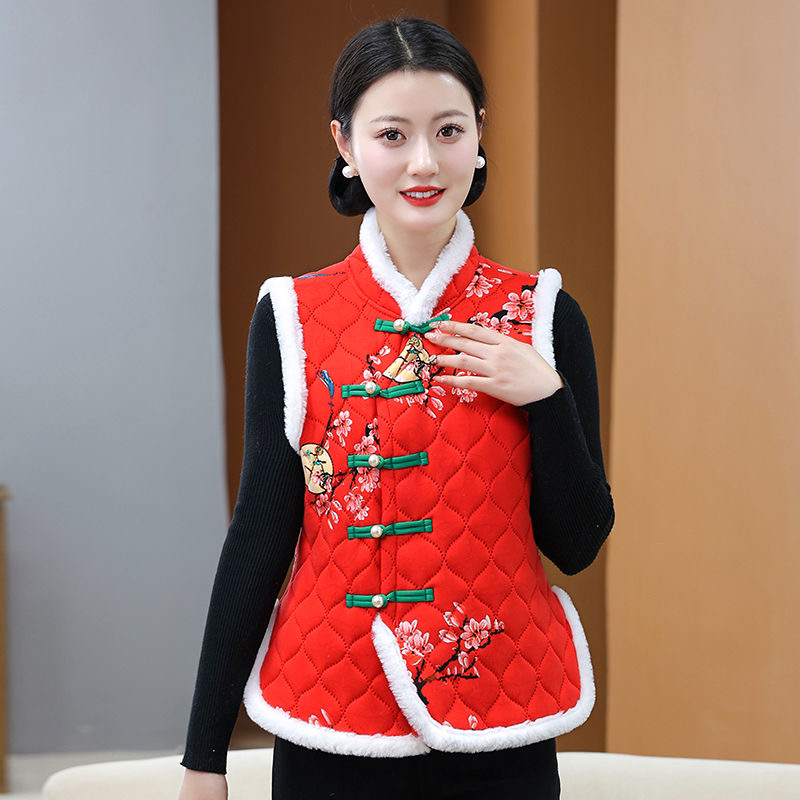 加绒马甲加厚东北中国大花盘扣棉袄民族坎肩女装棉马甲女外穿棉衣