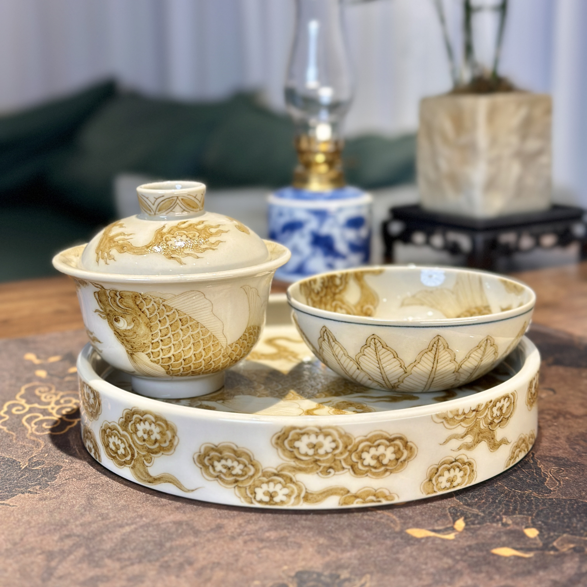 景德镇立勤堂手工手绘釉里金金龙鱼高档精美陶瓷茶具套装年年有鱼