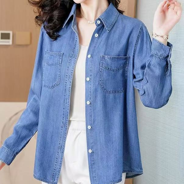 【100%莱赛尔纤维】天丝牛仔衬衫时尚宽松上衣长袖显瘦衬衣防晒950