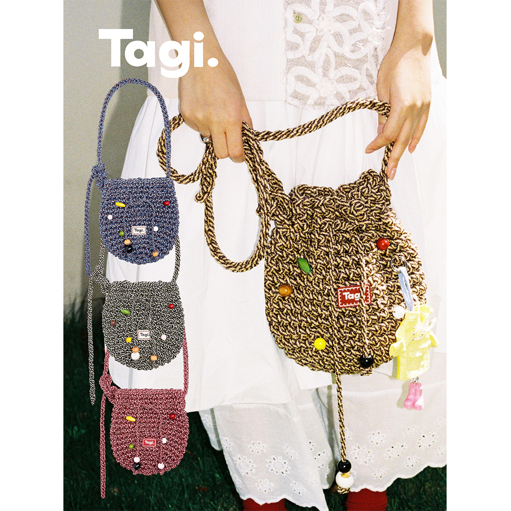 Tagi.机灵果子编织包复古编织串珠桶包可调节肩带单肩斜挎