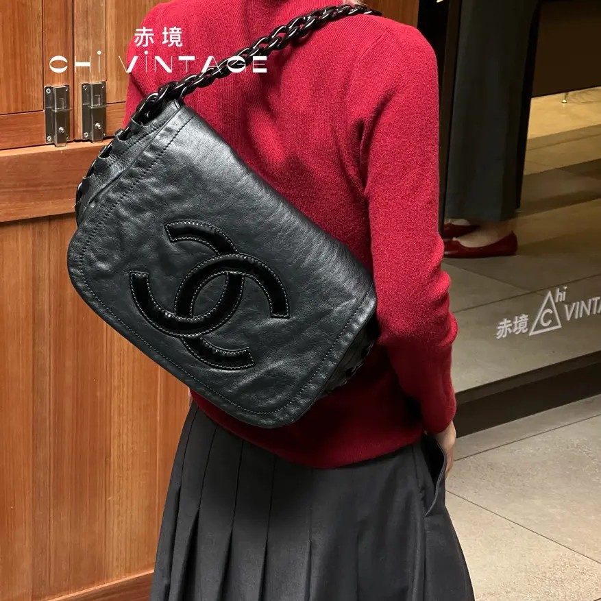 95新 Chanel/香奈儿 【垚专属】9080 黑大logo翻盖滚边单肩包06-08