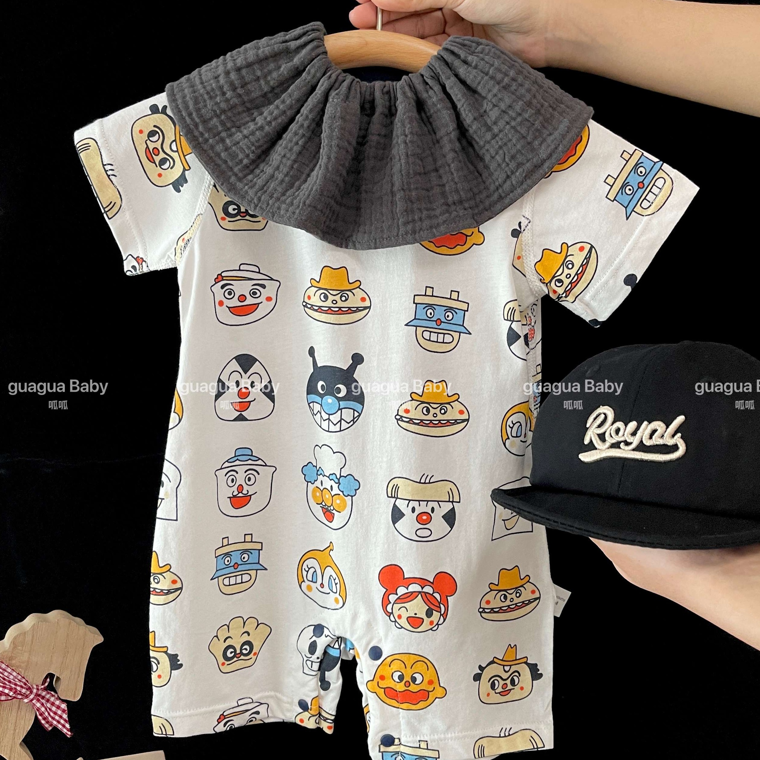 卡通头像短爬婴儿连体衣夏季薄款套头衫短袖哈衣纯棉肩开爬服