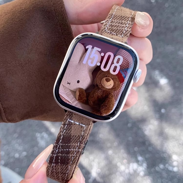 适用苹果iWatch百搭绒布KT猫磁吸扣毛绒帆布秋冬表带可爱苹果表带
