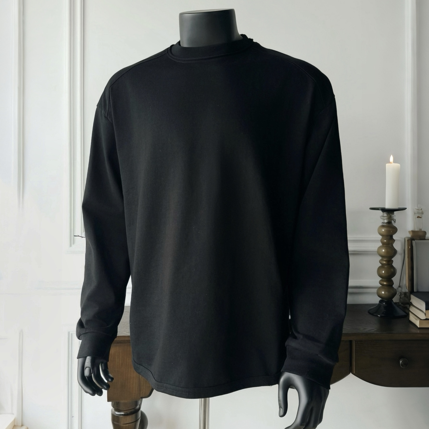 重磅秋冬新款显壮遮肚设计感圆领运动长袖情侣上衣百搭打底衣