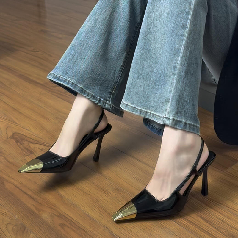 杨树林朴彩英rose同款高跟鞋女细跟漆皮黑色性感单鞋名媛后空凉鞋