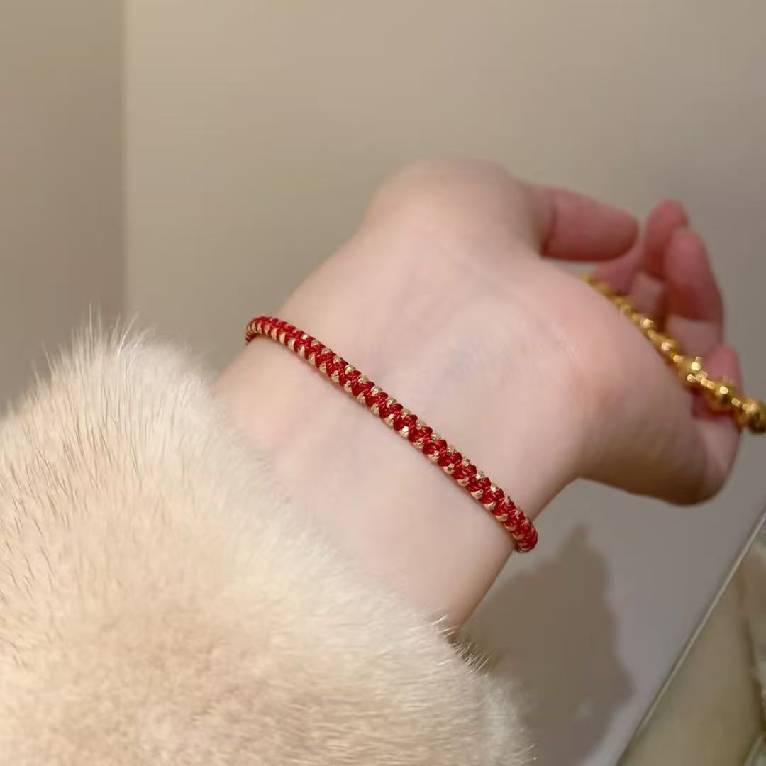 925银锦纶手链  民族风红色编织绳金色豆豆红绳手链 X049