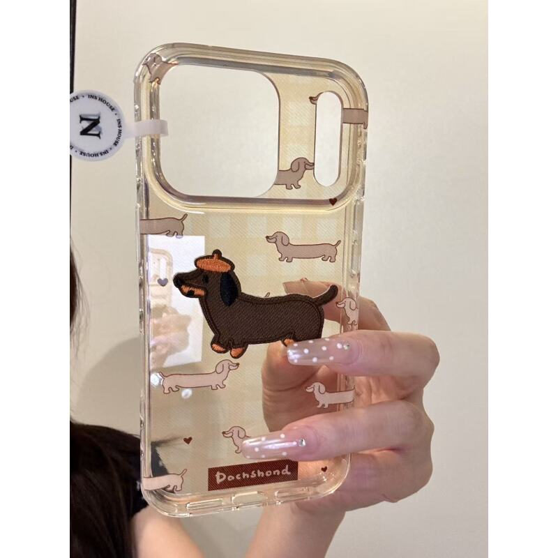 卡通趣味格纹刺绣腊肠狗适用ihone17promax苹果16pro手机壳15新款