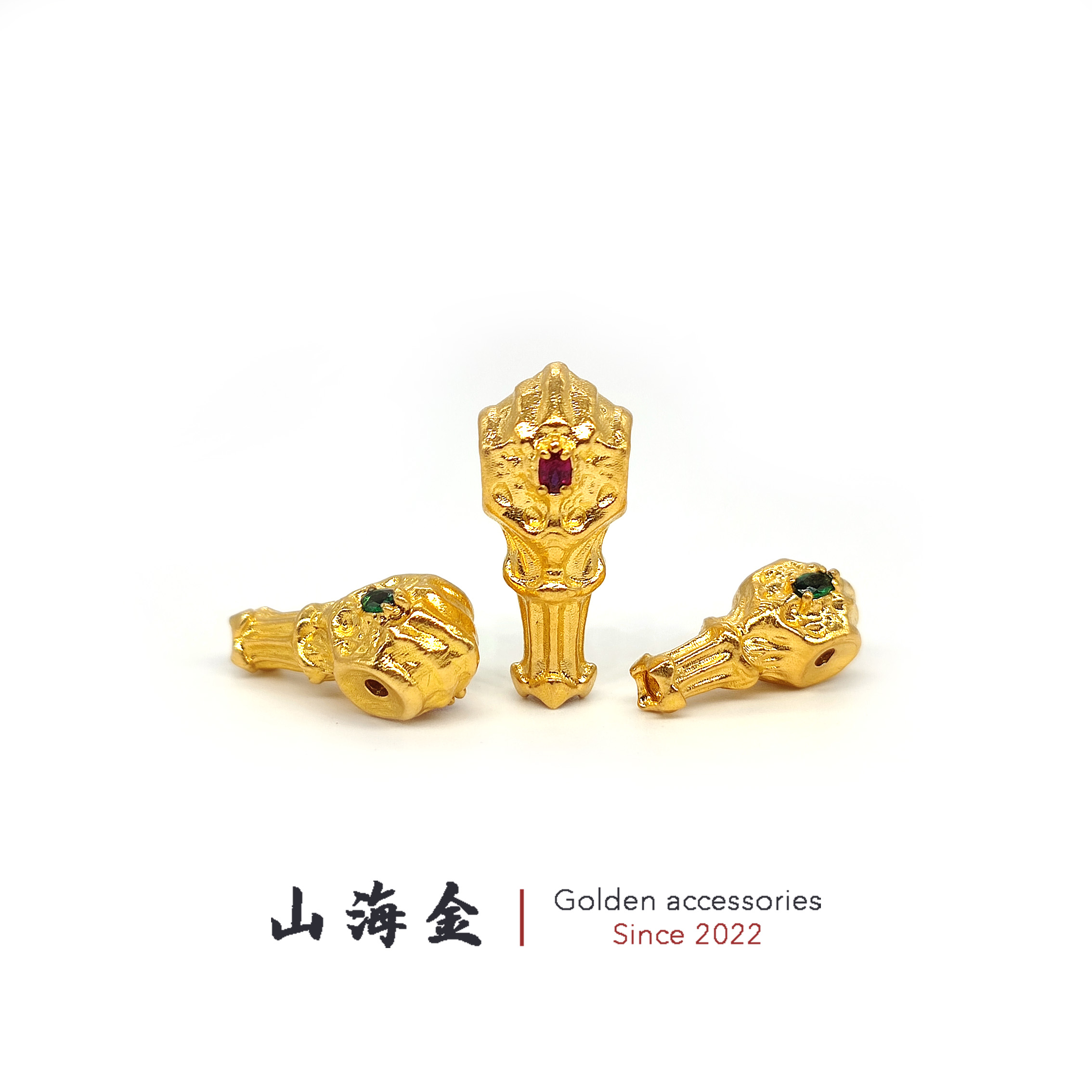 山海金 24K纯黄金999足金镶嵌宝石魔瞳三通佛塔文玩手串菩提配饰