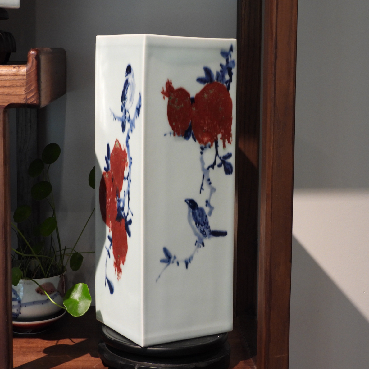 易炎窑原创手工手绘气窑原矿釉下青花釉里红四方镶器摆件书画筒