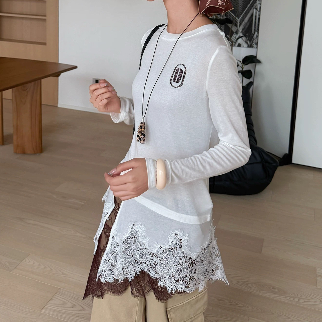 现货秒发ICE25秋季新款设计师感小众蕾丝拼接长袖中长款T恤