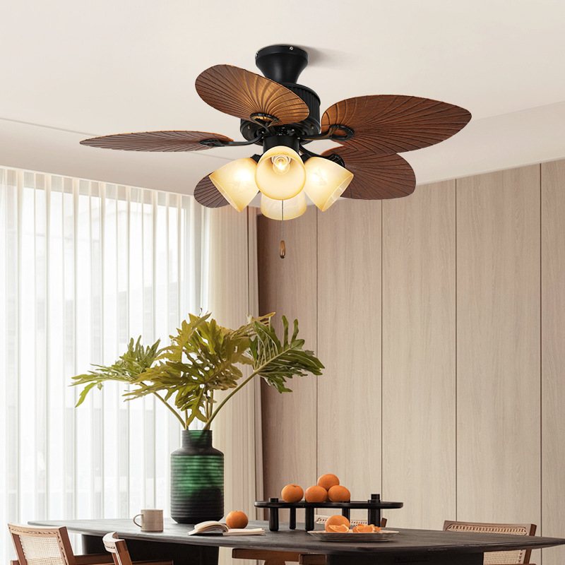 复古吊扇灯法式客厅卧室餐厅风扇吊灯中古南洋风芭蕉叶电扇灯