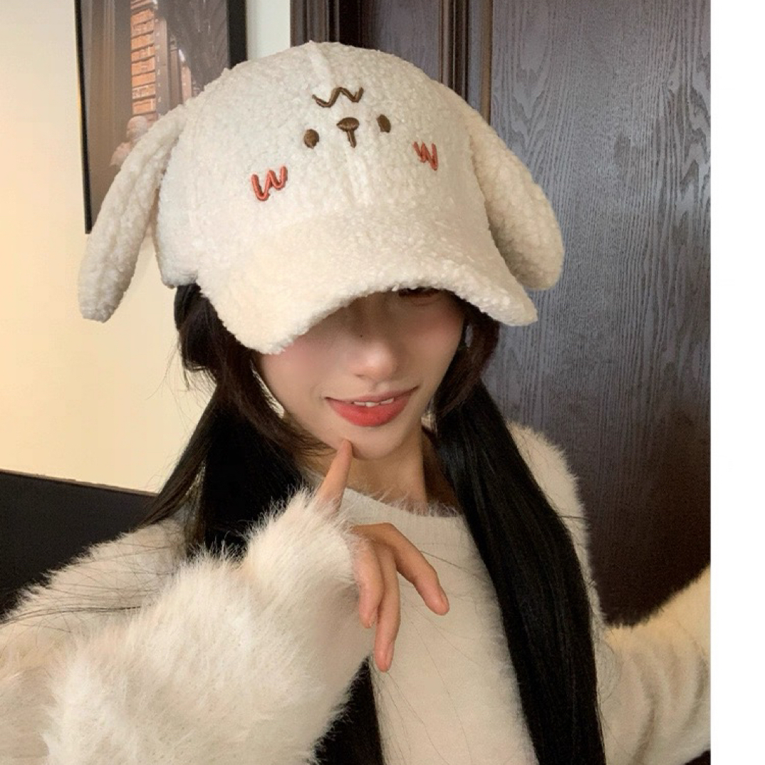 韩版可爱刺绣小狗长耳朵鸭舌帽子女秋冬季保暖显脸小羊羔绒防风
