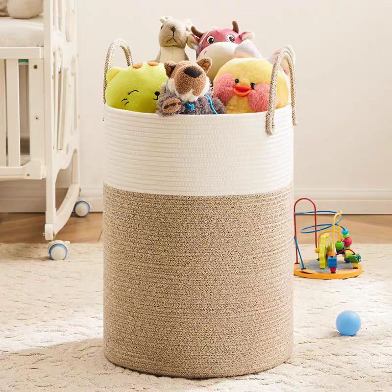 咖色拼接棉绳大尺寸儿童玩具零食收纳筐（高度50口径40）