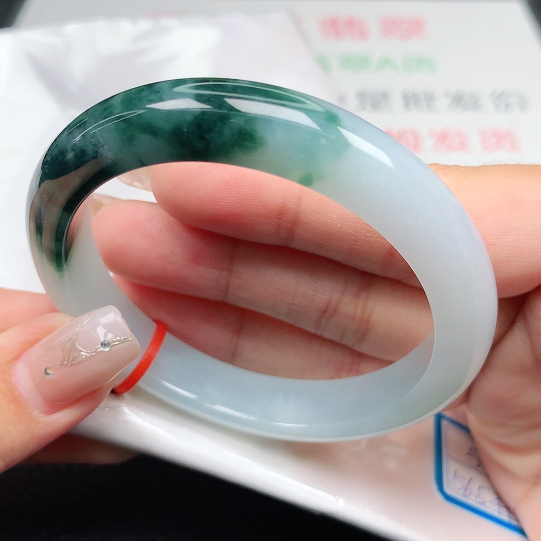 未镶嵌手镯翡翠56,57正圈 蓝底起胶飘花