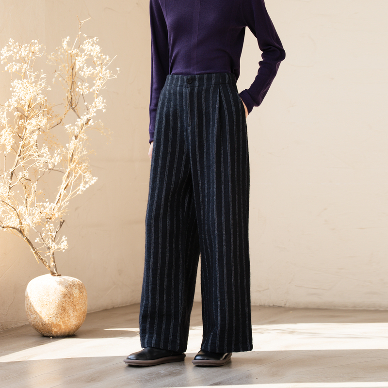 qtu复古棉麻毛呢直筒裤女色织条纹秋冬加厚文艺浓淡总相宜K3968