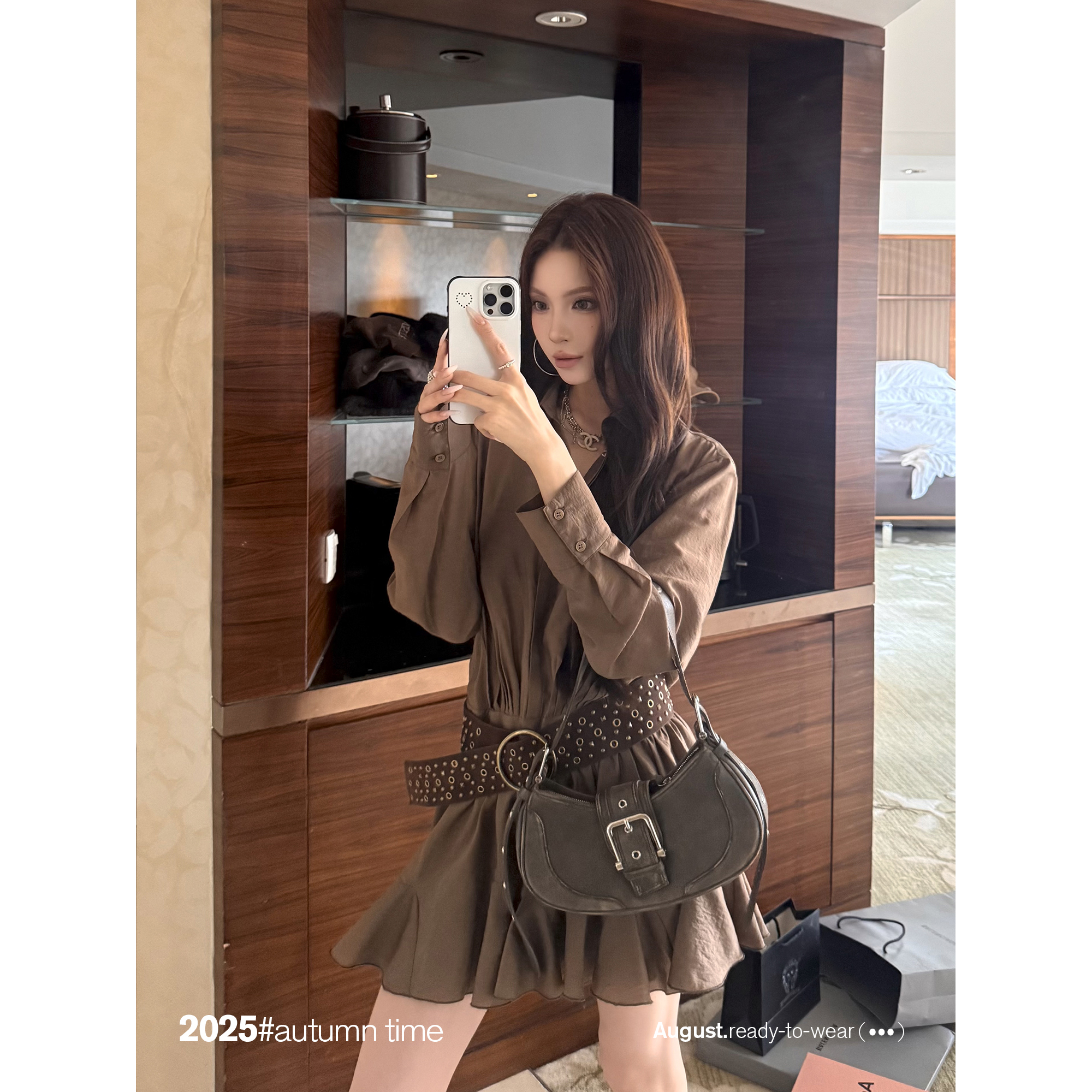 SUNONEONE【摩卡丝绸】咖色复古小众简约秋季衬衫连衣裙女D0321Q