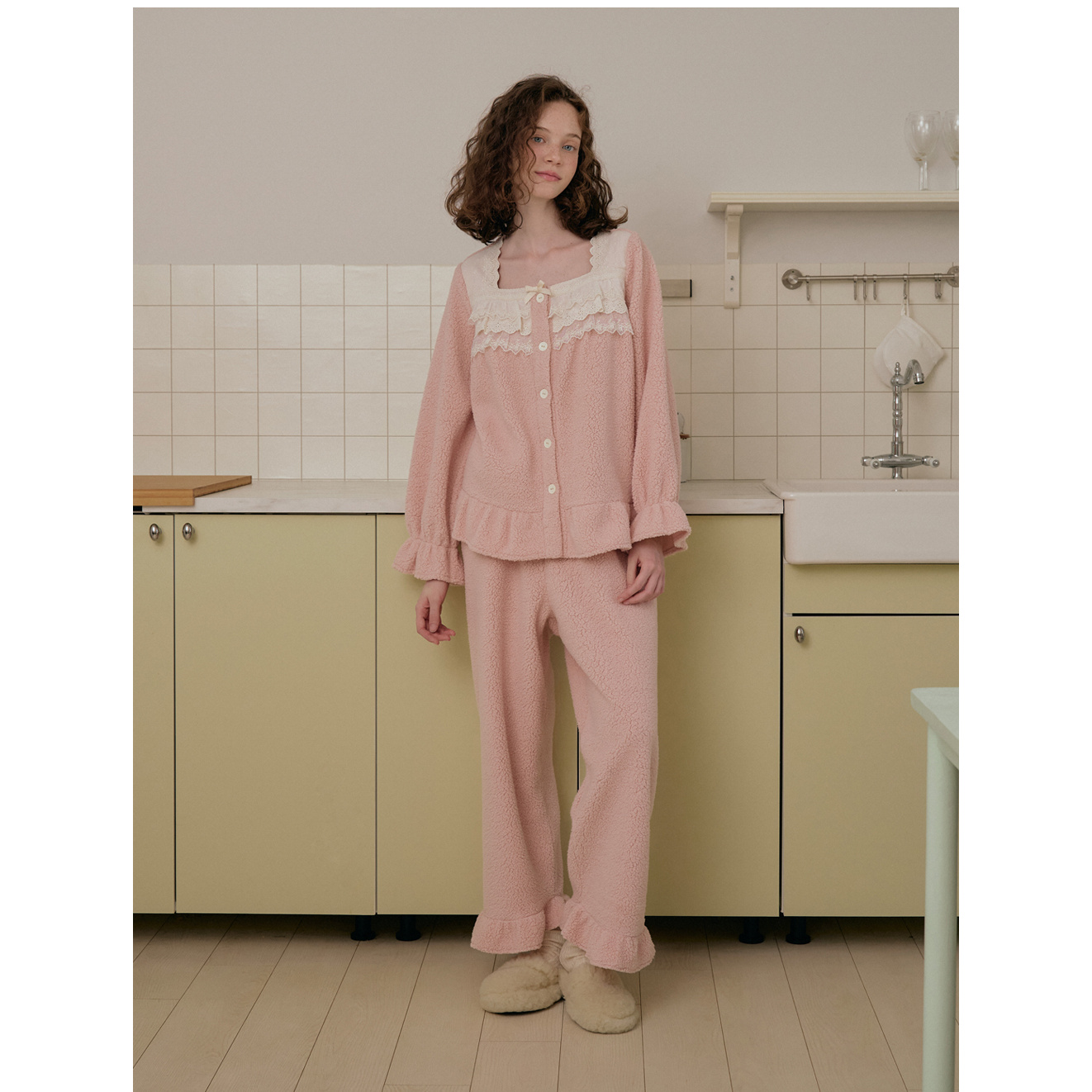 Ullala乌拉拉甜美方领睡衣女粉色家居服珊瑚绒套装冬季厚款25292