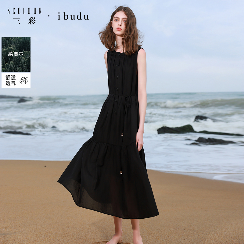 三彩ibudu2025夏季新款莱赛尔连衣裙圆领背心裙宽松长裙女
