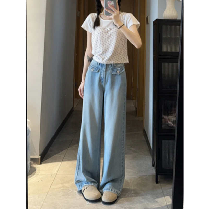 （女装）88901 蓝色高腰百搭夏季薄款阔腿直筒天丝牛仔裤