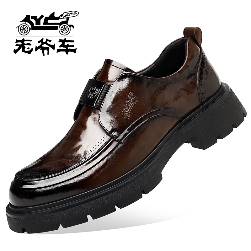 老爷车男鞋新款真皮厚底内增高男士加绒保暖棕色结婚商务正装皮鞋商品图