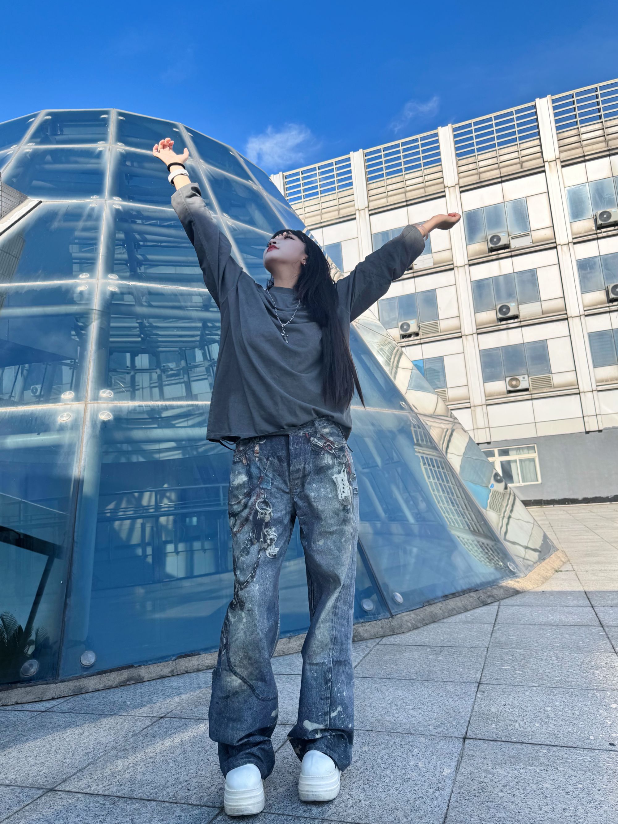 Ash 3D喷墨印花涂鸦重工错视大链子dirtyfit宽松牛仔裤