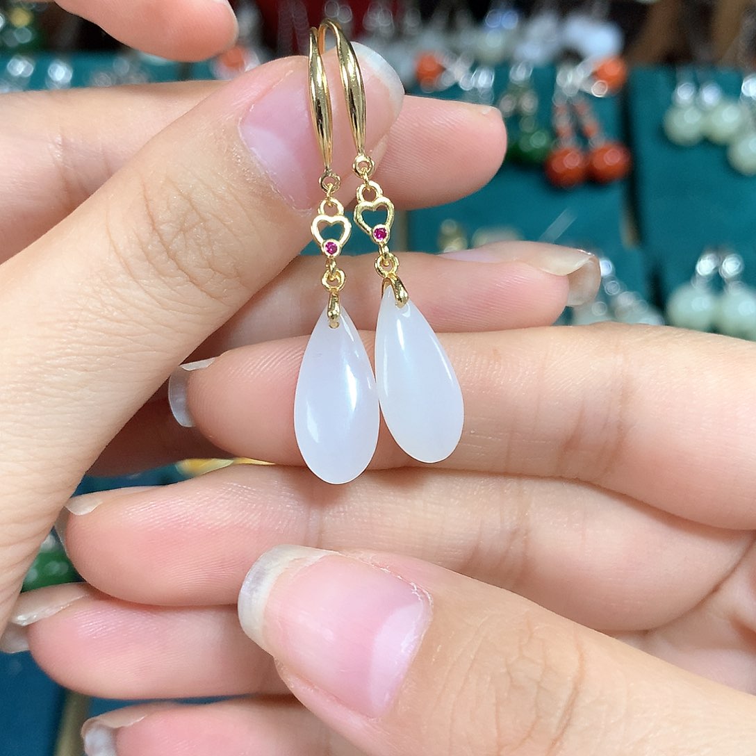 和田玉银S925镶嵌耳饰水滴