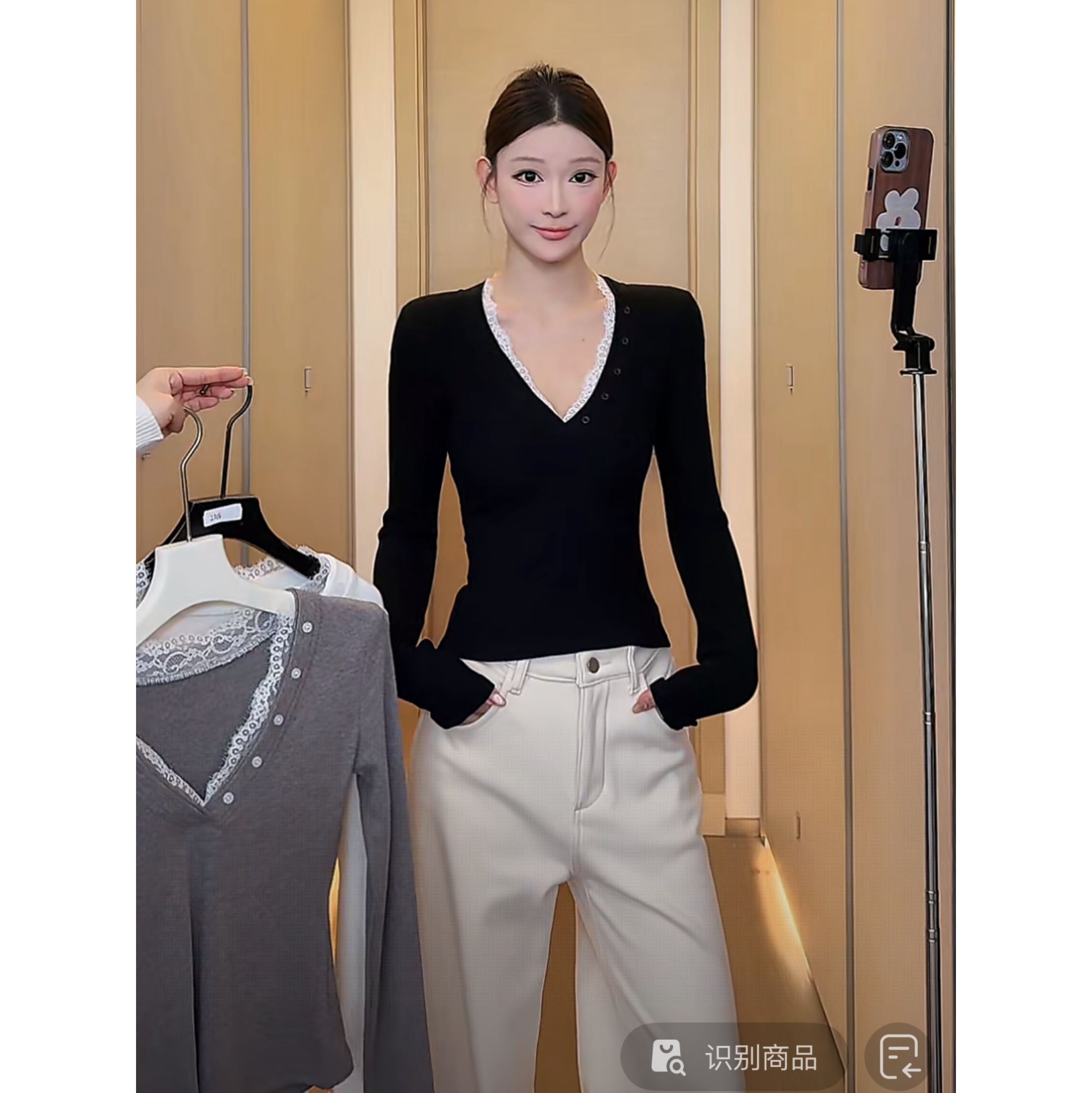 喜糖 福（1xt2216#）软蕾丝拼接- v领显瘦长袖T恤 12-4