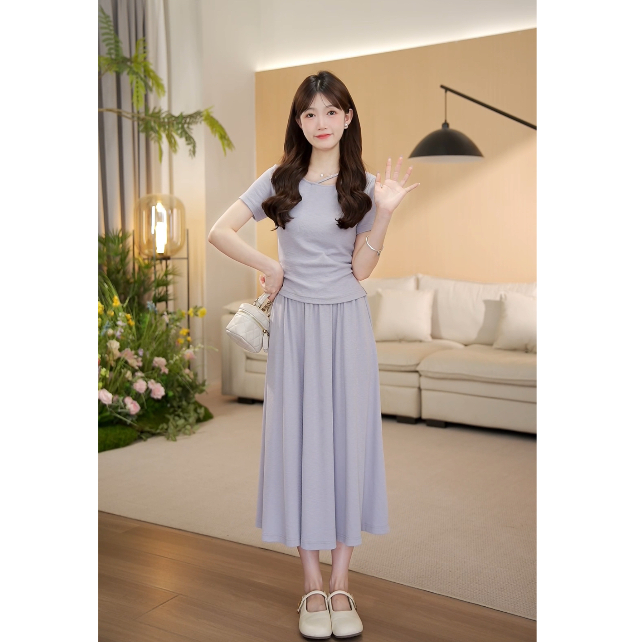 （现货）夏季显瘦气质高腰法式短袖上衣+裙子套装-2238