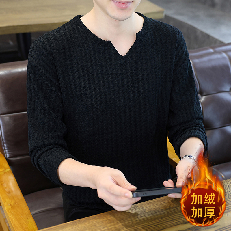 秋冬V领抗皱长袖加绒加厚扭花秋季卫衣打底衫宽松潮流男装