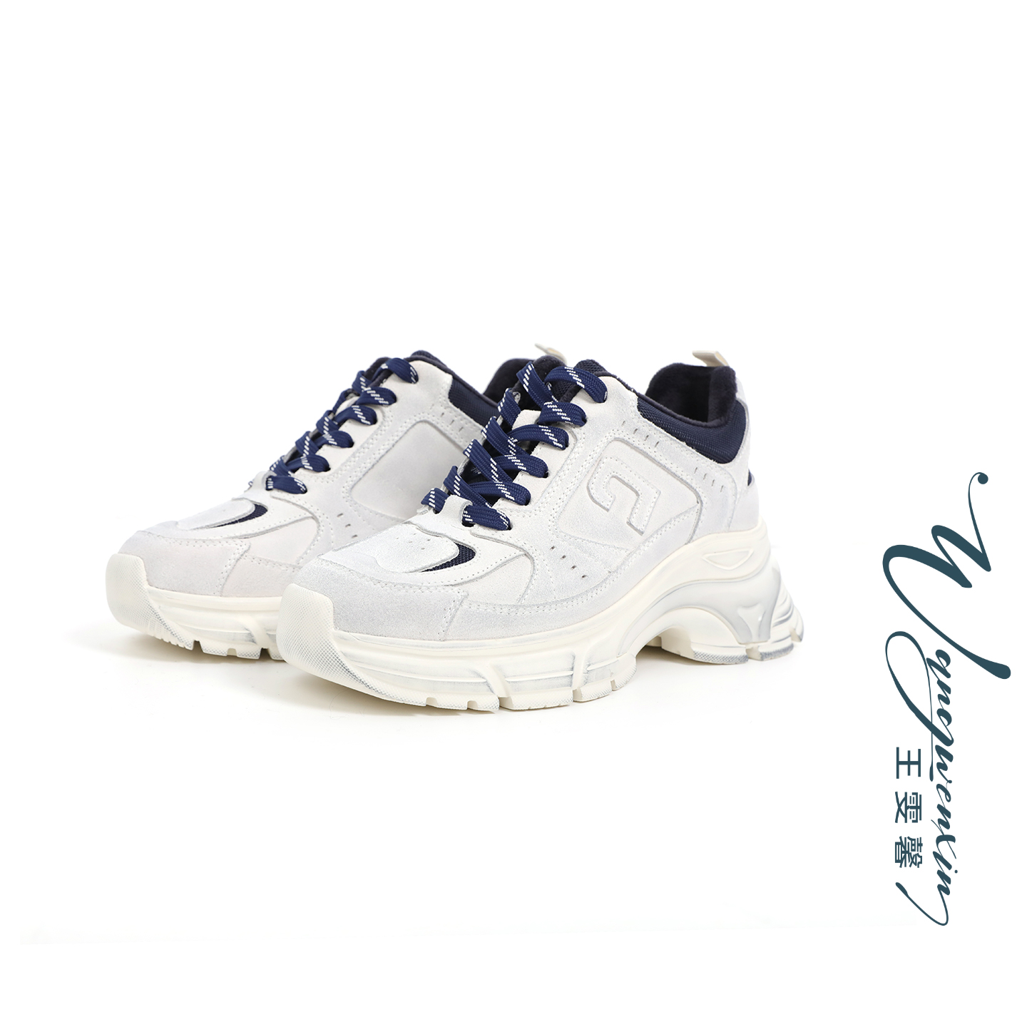 【王雯馨】“高手日常” 秋冬百搭厚底增高休闲白蓝撞色加绒老爹鞋