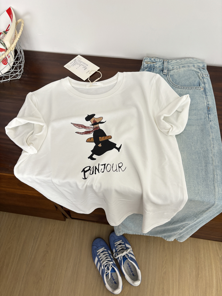 2026年春夏新款韩版卡通大胡子男人短袖正肩T恤宽松打底上衣女