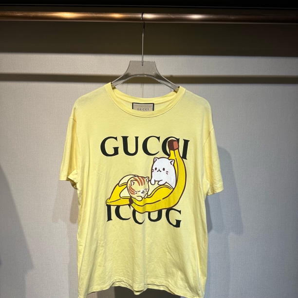 99新 GUCCI/古驰 黄色香蕉猫卡通印花短袖/XS码