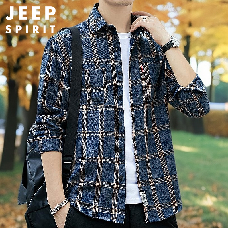 JEEPSPIRIT格子衬衫春季男士新款休闲翻领外套美式帅气长袖衬衣男