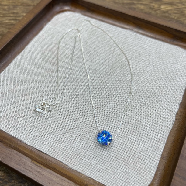 吊坠925银合成锆石 5794-银饰蓝色人鱼泪项链8mm