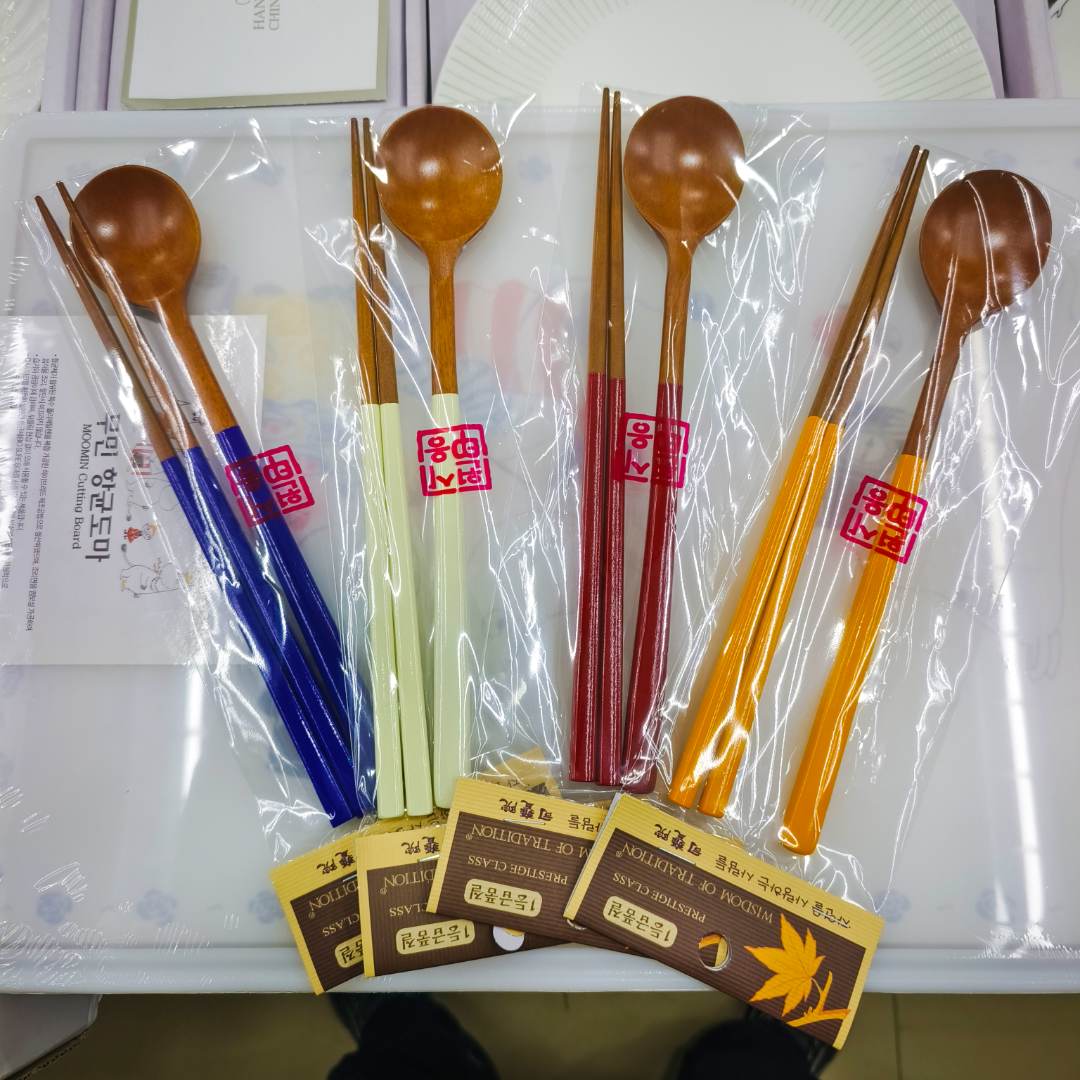 新款-韩国原装进口枣木圆形勺子筷子家用圆形木勺筷餐具