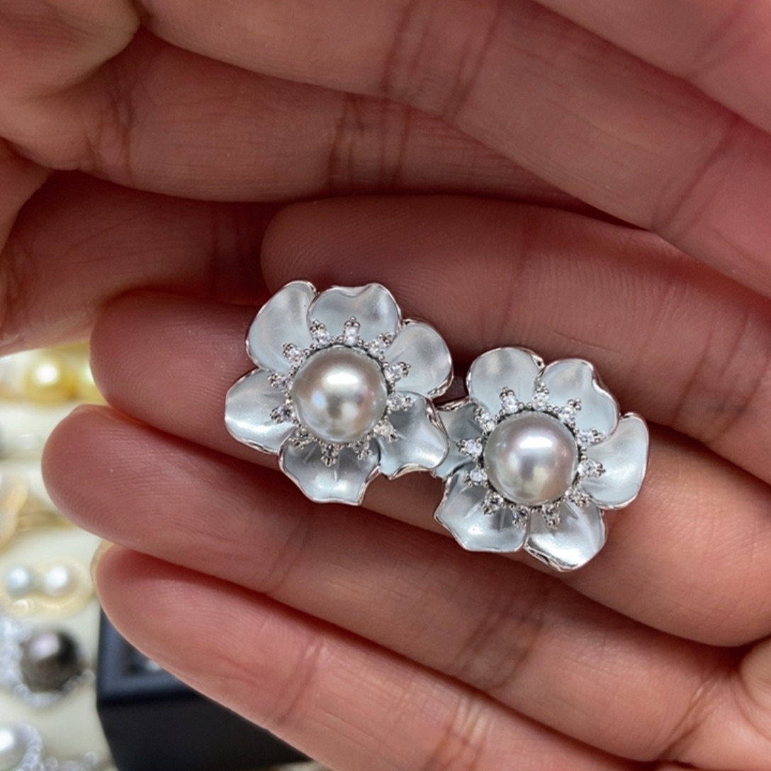 海水珍珠耳饰银S925镶嵌