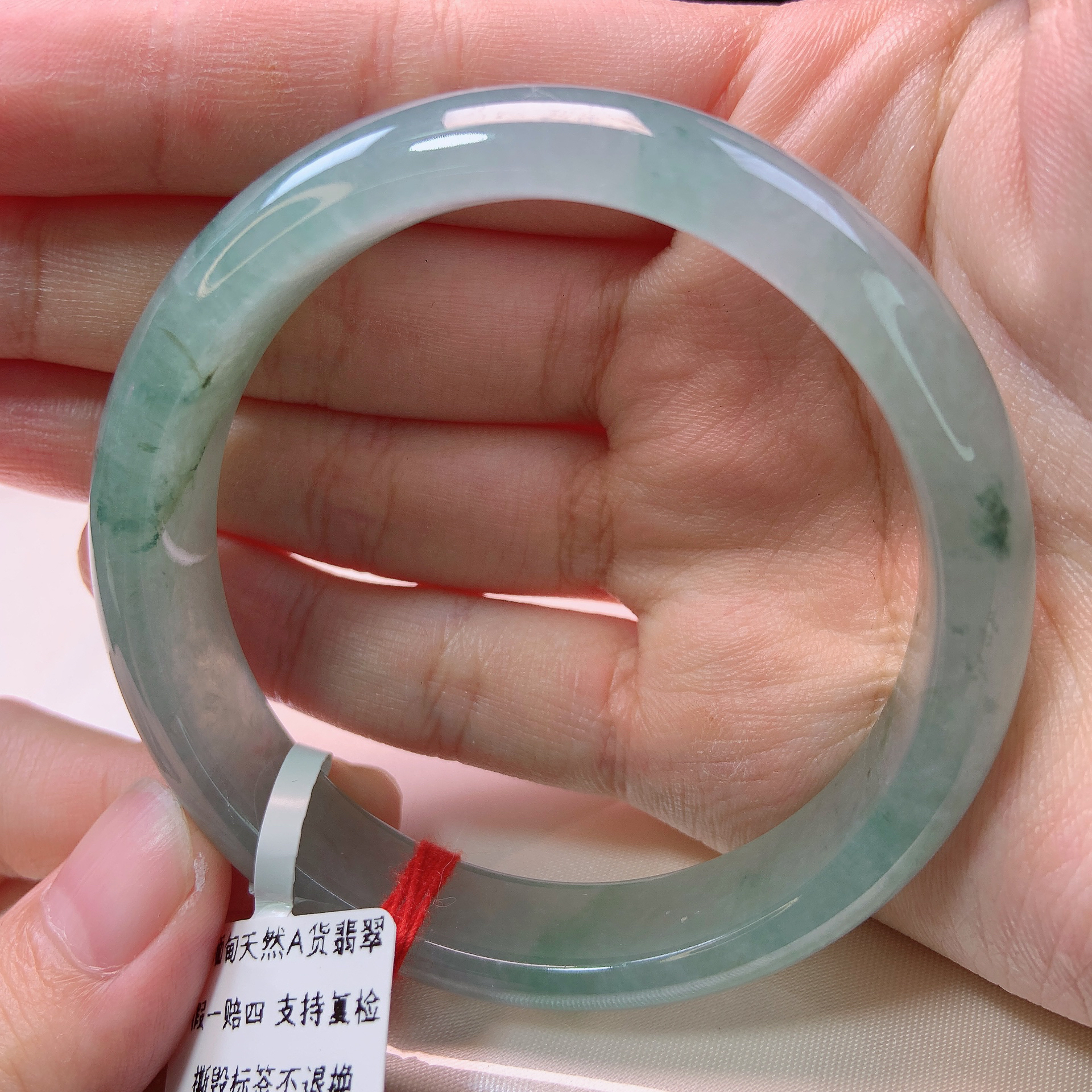 1286号缅甸天然A货翡翠手镯54-55圈口糯冰飘绿正圈手镯