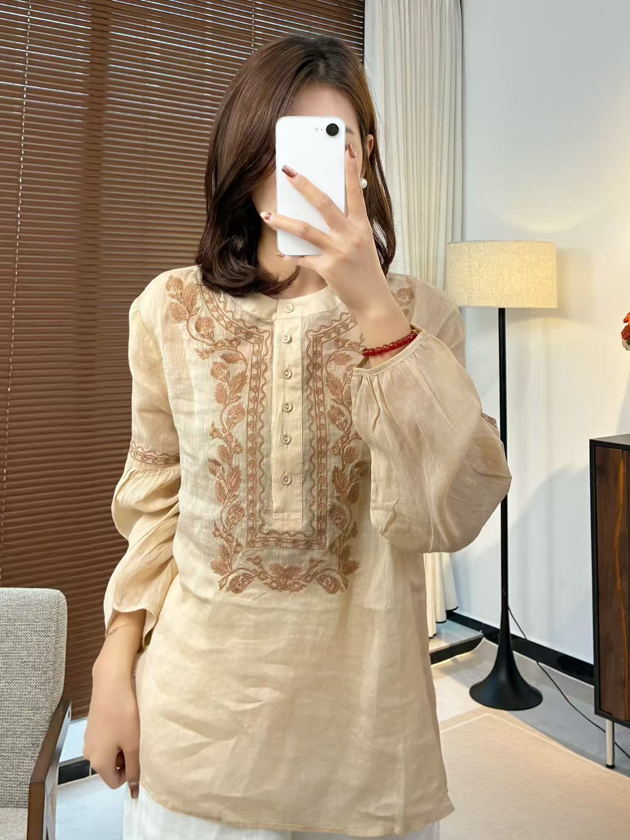 【飞飞专属】长袖重工刺绣百搭新款苎麻上衣-2523