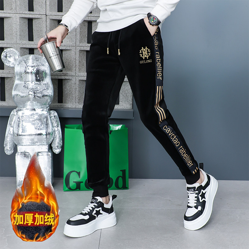 冬季新款男士高品质灯芯绒加厚加绒潮流时尚帅气百搭刺绣休闲裤男
