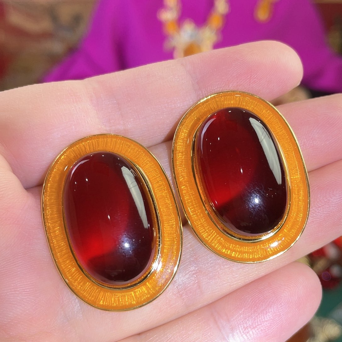 血珀耳钉银S925镀金镶嵌