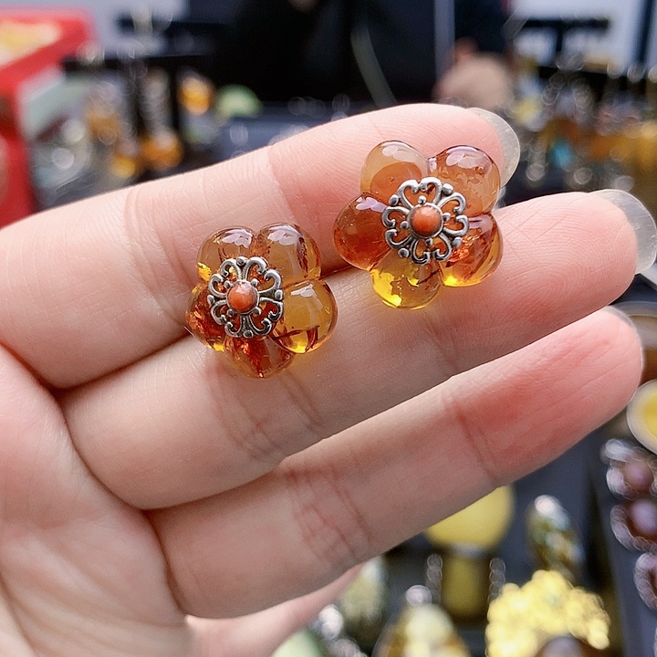 琥珀裸石银S925镶嵌耳坠