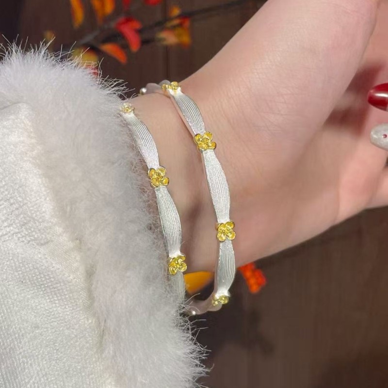 足银手镯 T22克足银999.9中国风立体分金色桂花闭口手镯手工百搭